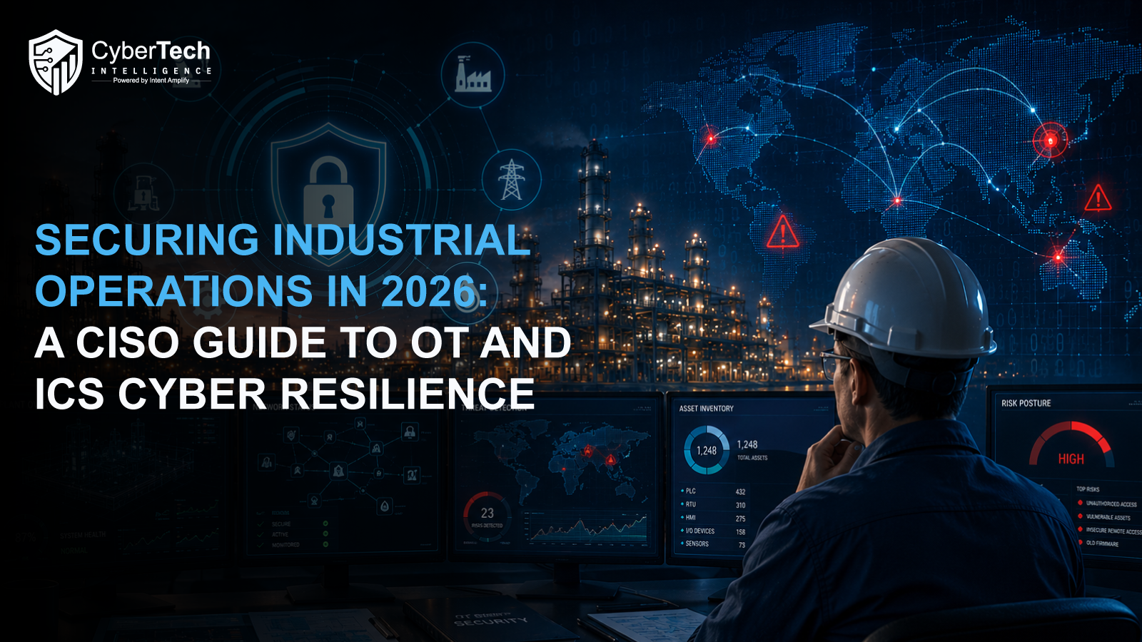 A CISO reviews an OT cyber resilience dashboard showing industrial assets, vendor access paths, segmentation status, and incident readiness metrics.